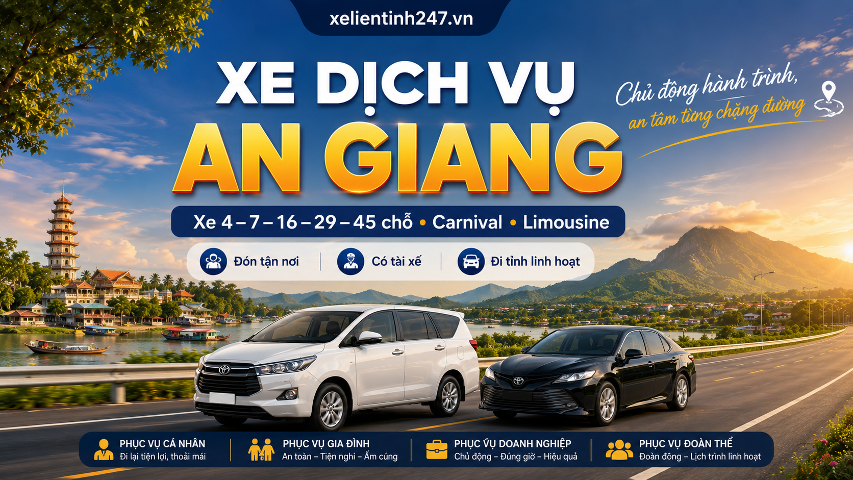 Xe dịch vụ An Giang đa dạng dòng xe, đón tận nơi và chủ động lịch trình.