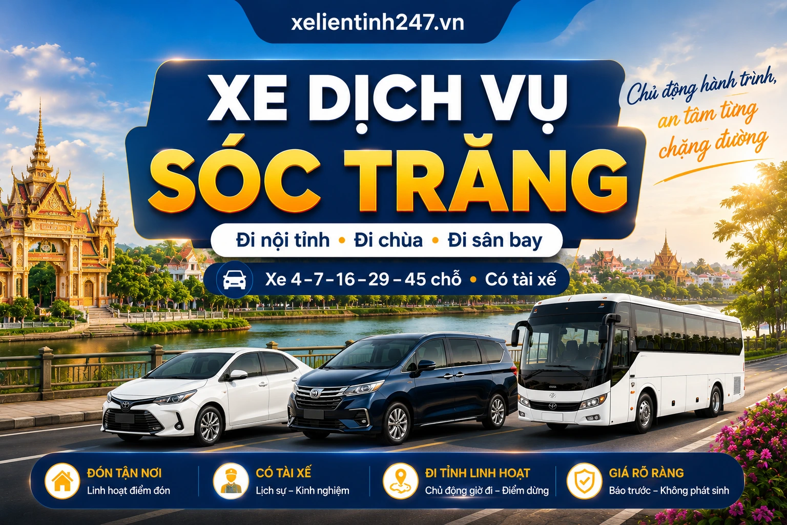 Xe dịch vụ Sóc Trăng phục vụ xe 4, 7, 16, 29, 45 chỗ, Carnival và Limousine có tài xế