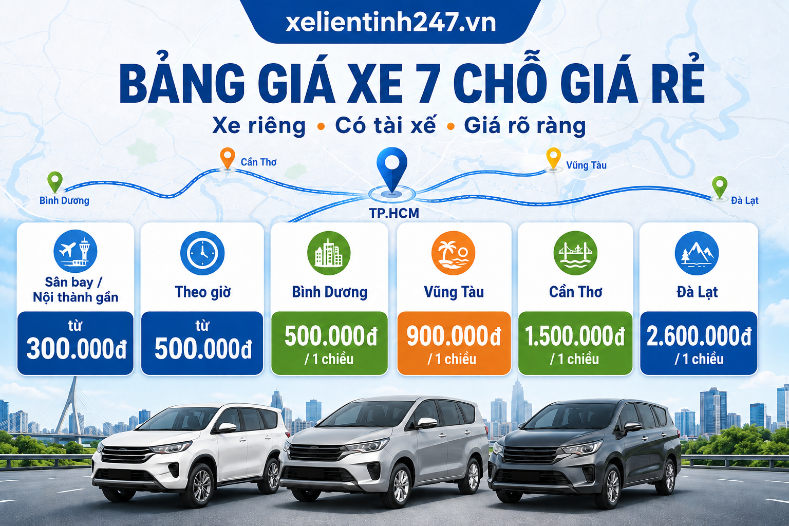 Bảng giá rút gọn cho thuê xe 7 chỗ giá rẻ tại TPHCM và các tuyến phổ biến.