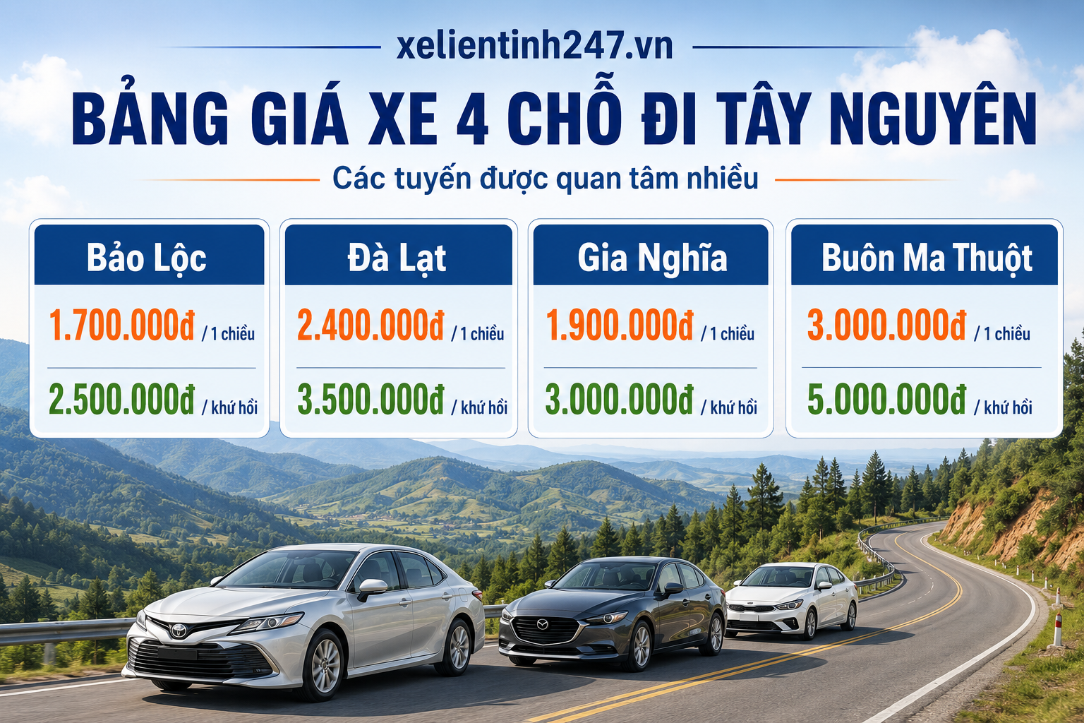 Bảng giá thuê xe 4 chỗ đi Tây Nguyên từ TP.HCM, các tuyến được quan tâm nhiều.