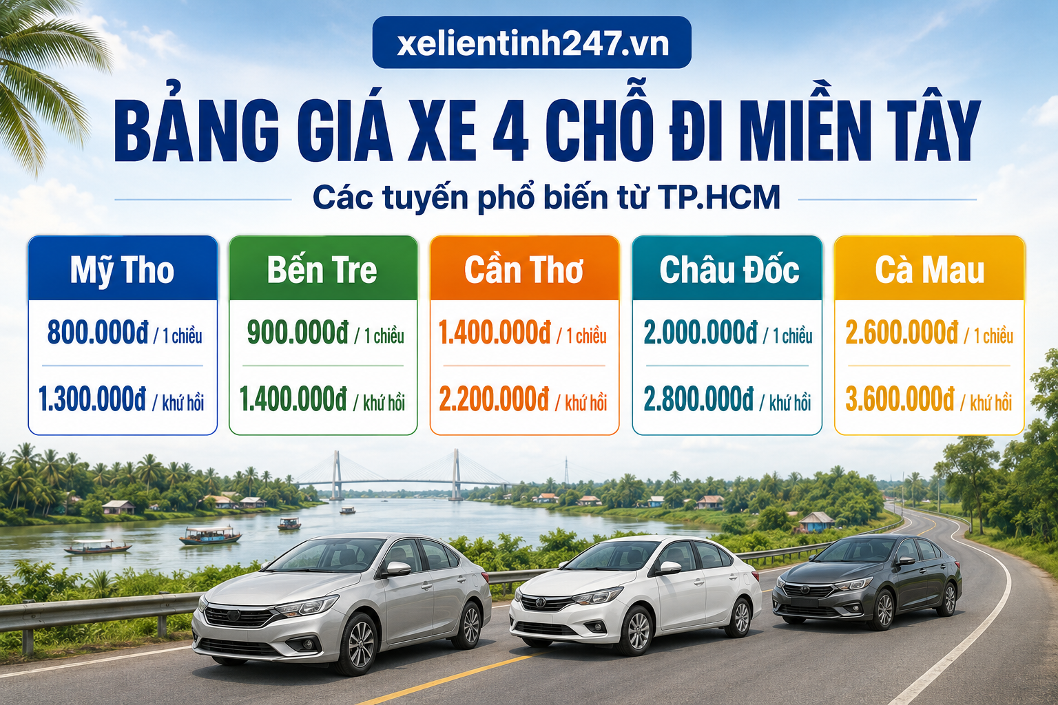 Bảng giá thuê xe 4 chỗ đi miền Tây từ TP.HCM với các tuyến phổ biến.