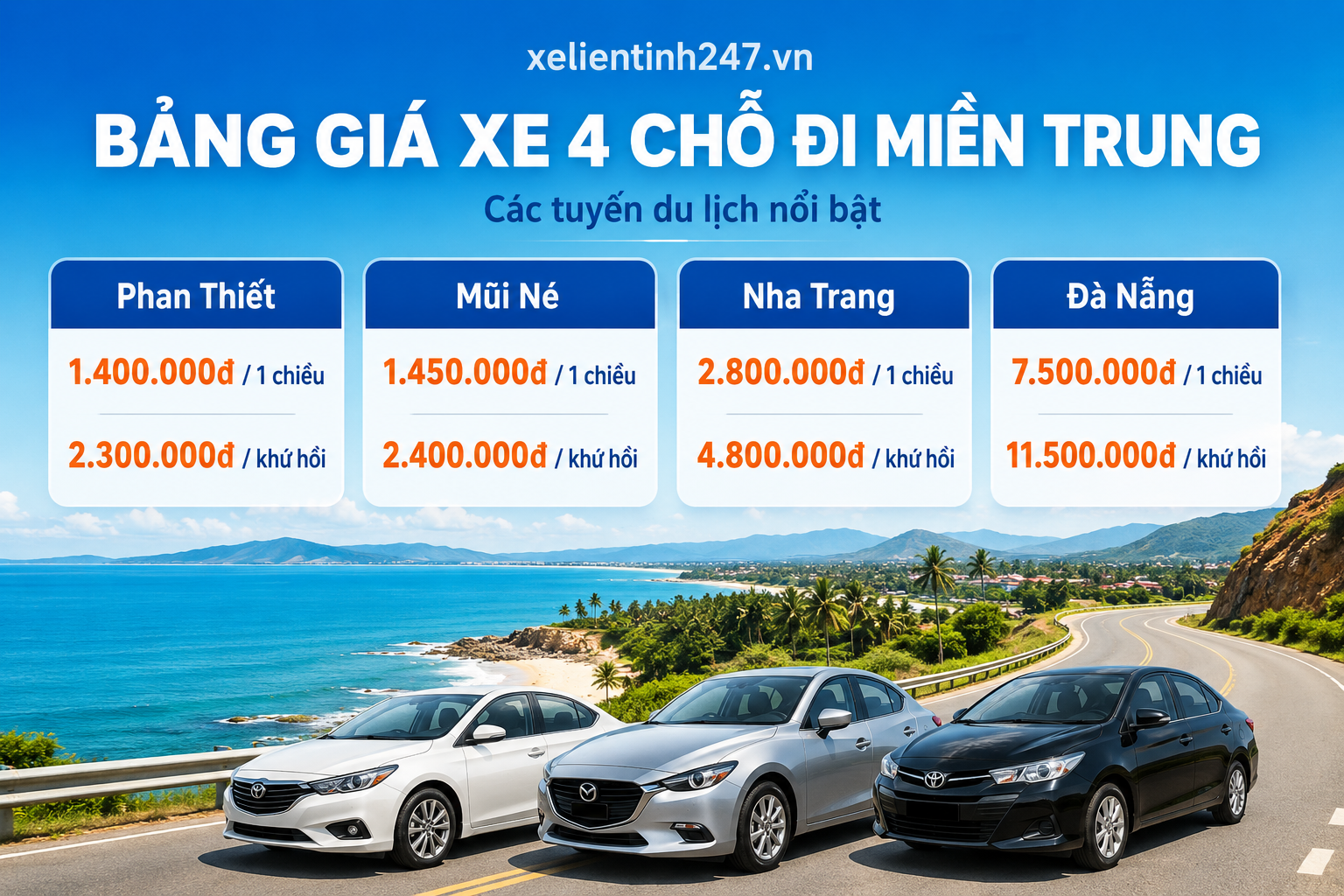 Bảng giá thuê xe 4 chỗ đi miền Trung từ TP.HCM cho các tuyến du lịch nổi bật.
