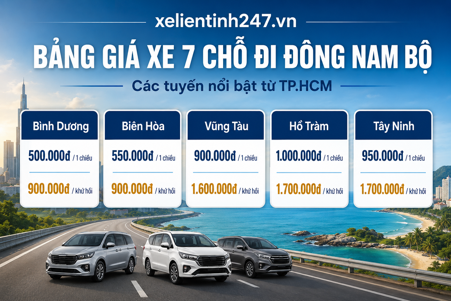 Bảng giá thuê xe 7 chỗ đi Đông Nam Bộ từ TP.HCM cho các tuyến nổi bật.