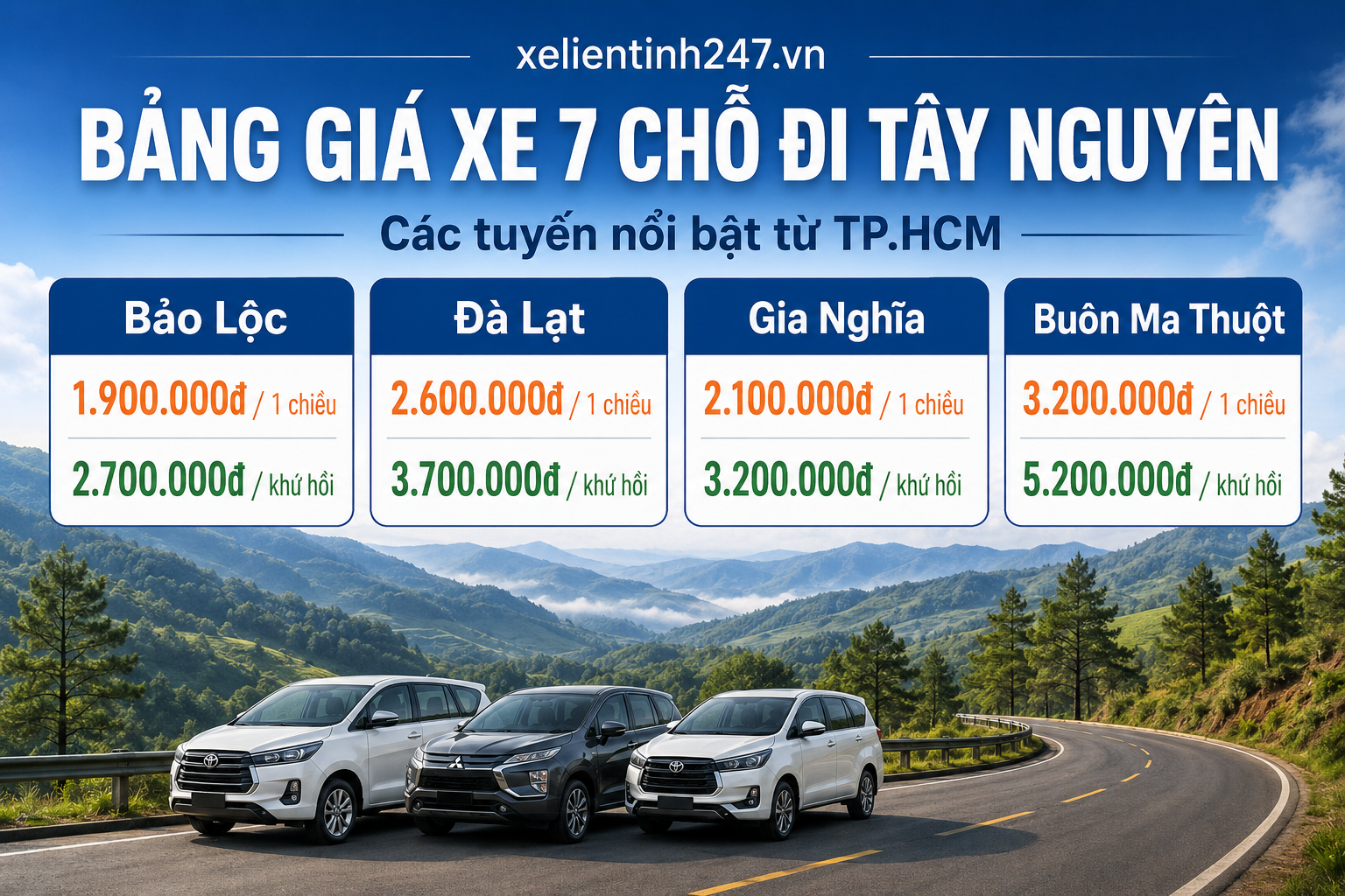 Bảng giá thuê xe 7 chỗ đi Tây Nguyên từ TP.HCM với các tuyến nổi bật.