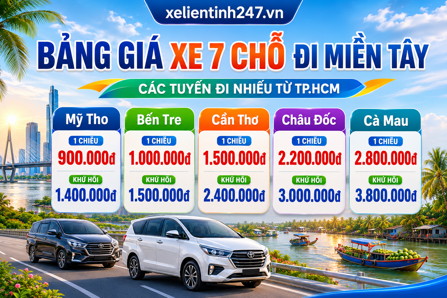 Bảng giá thuê xe 7 chỗ đi miền Tây từ TP.HCM với các tuyến đi nhiều.