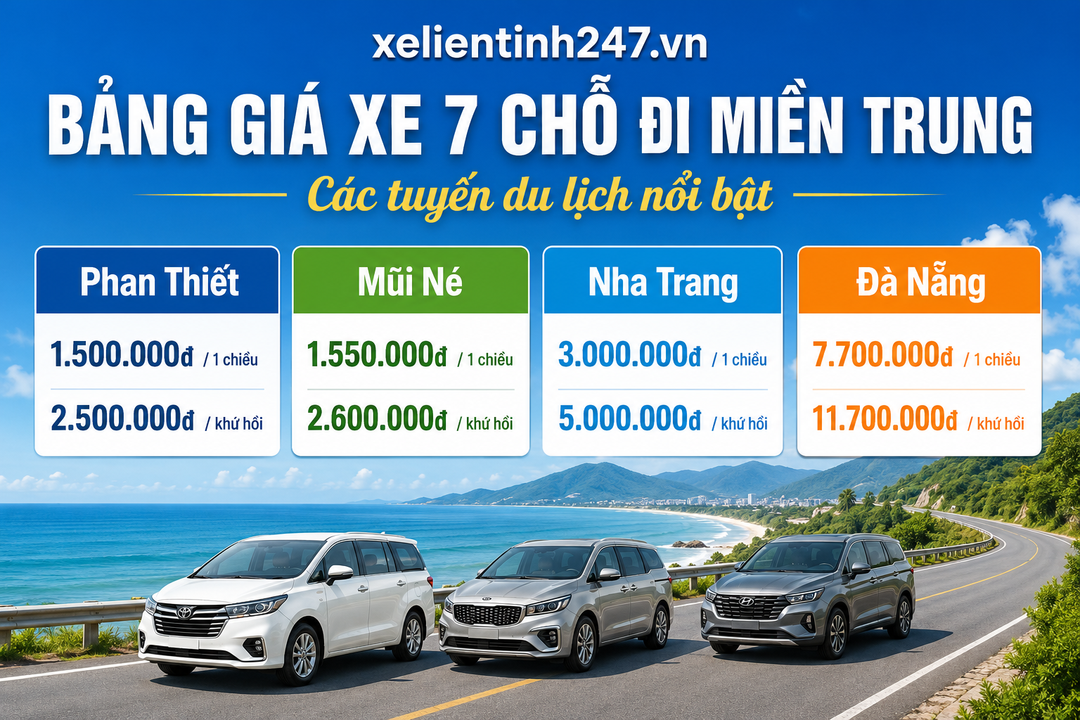 Bảng giá thuê xe 7 chỗ đi miền Trung từ TP.HCM với các tuyến du lịch nổi bật.