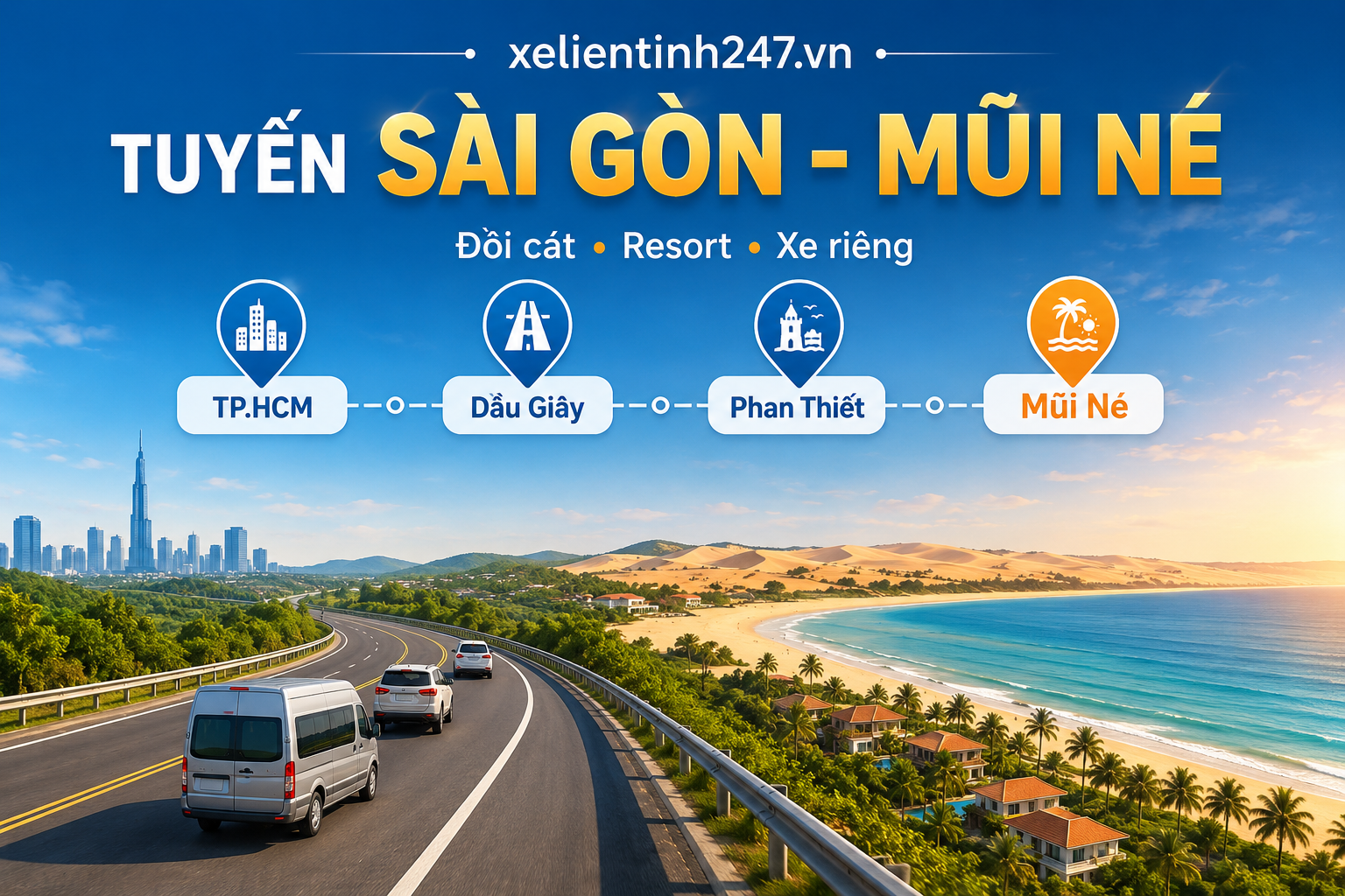 Tuyến thuê xe đi tỉnh từ TP.HCM đi Mũi Né phù hợp du lịch đồi cát, resort và nghỉ dưỡng cuối tuần.