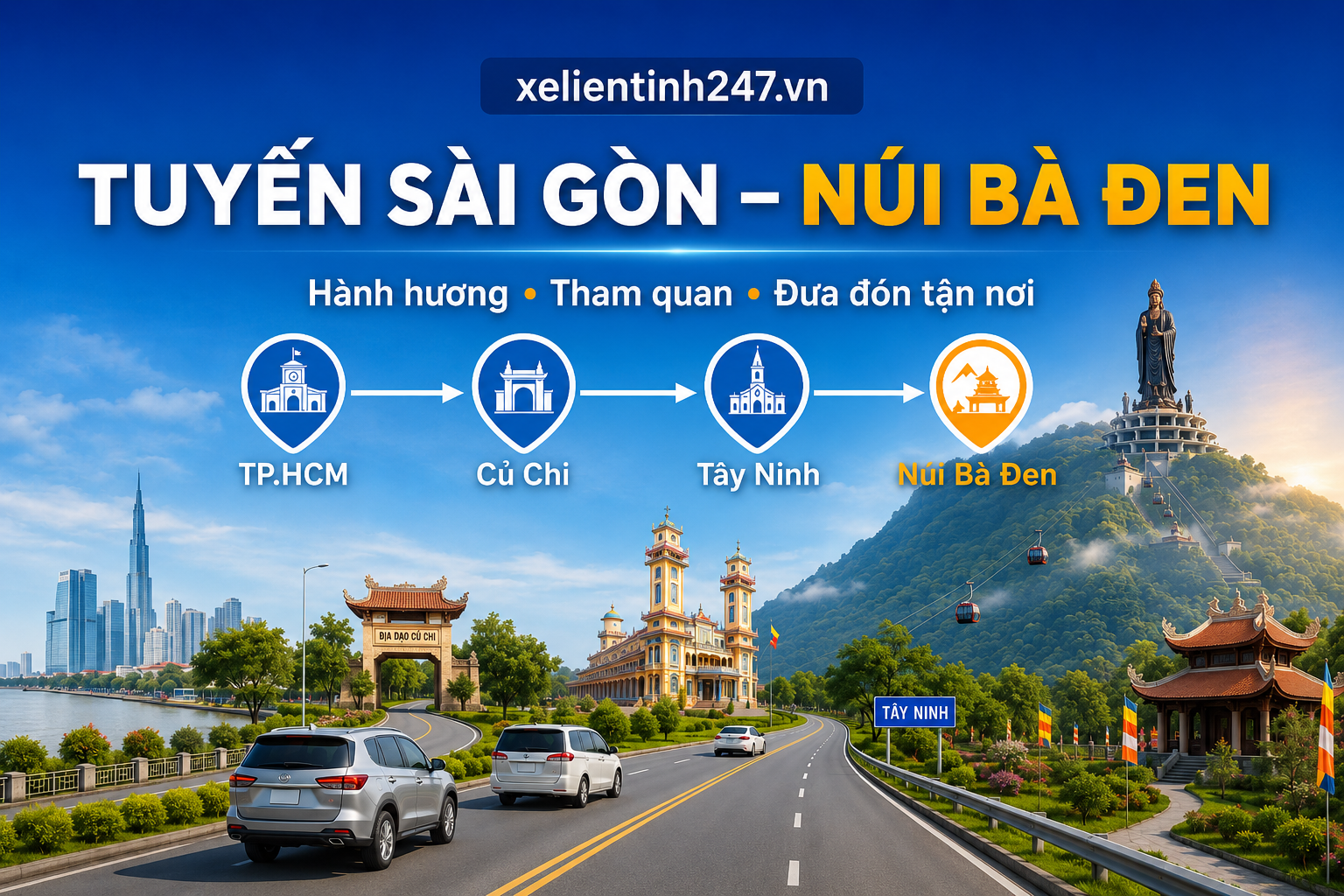 Tuyến thuê xe đi tỉnh từ TP.HCM đi Núi Bà Đen phù hợp hành hương, tham quan và đi về trong ngày.