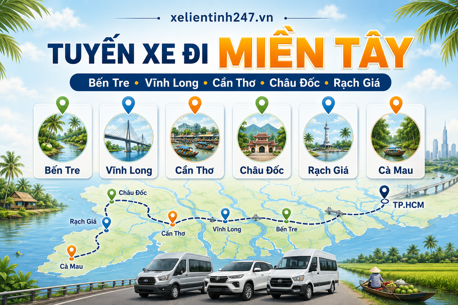 Các tuyến thuê xe đi tỉnh từ TP.HCM về miền Tây phù hợp về quê, công tác, du lịch sinh thái và thăm người thân.