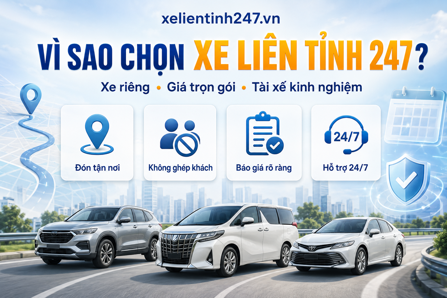 Xe Liên Tỉnh 247 cung cấp dịch vụ thuê xe đi tỉnh trọn gói, xe riêng có tài xế, hỗ trợ 24/7.