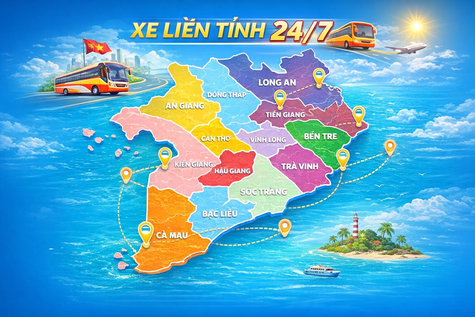 Lộ trình thuê xe Sài Gòn đi các tỉnh miền Tây - bản đồ khoảng cách