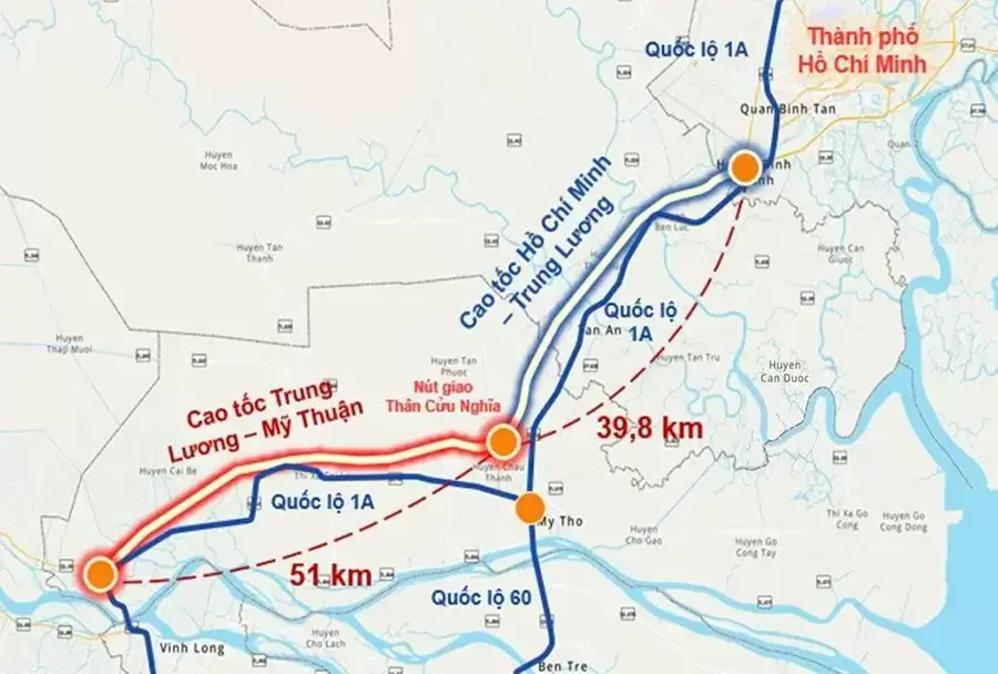 Bản đồ lộ trình thuê xe Hồ Chí Minh đi Cai Lậy qua cao tốc Trung Lương