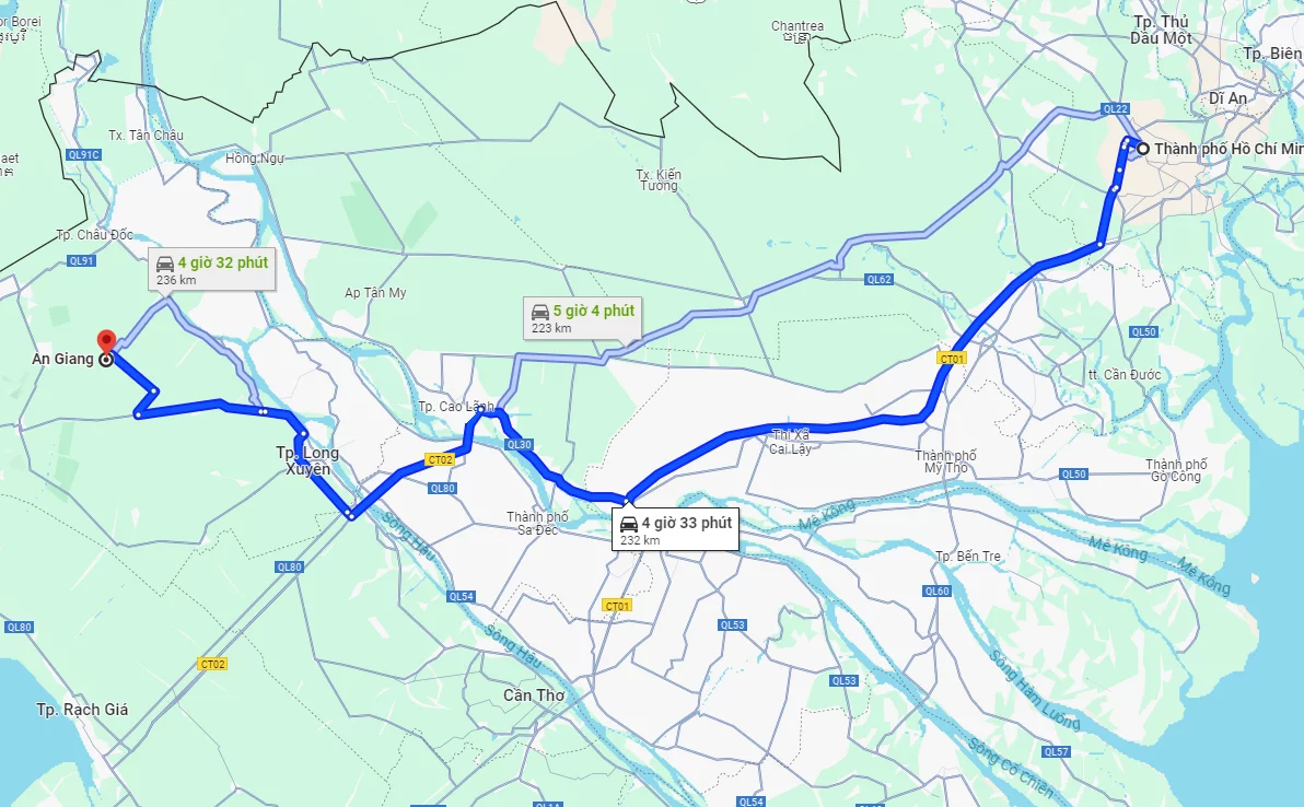 Lộ trình thuê xe Sài Gòn đi Châu Đốc An Giang trên bản đồ
