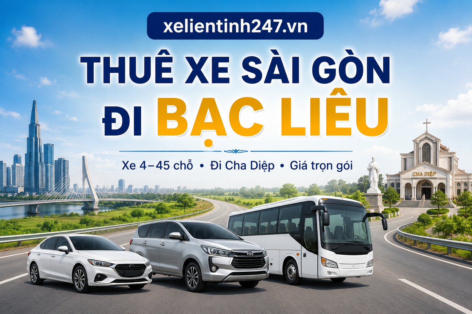 Dịch vụ thuê xe từ TP.HCM đi Bạc Liêu của xelientinh247.vn. Hỗ trợ xe 4 chỗ, 7 chỗ, 16 chỗ, 29 chỗ, 35 chỗ và 45 chỗ có tài xế; nhận xe đi Cha Diệp, Tắc Sậy, TP. Bạc Liêu và các tuyến miền Tây theo lịch trình riêng.