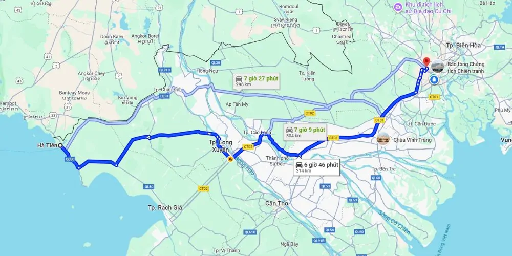Bản đồ lộ trình thuê xe Sài Gòn đi Hà Tiên qua quốc lộ và đường cao tốc Trung Lương