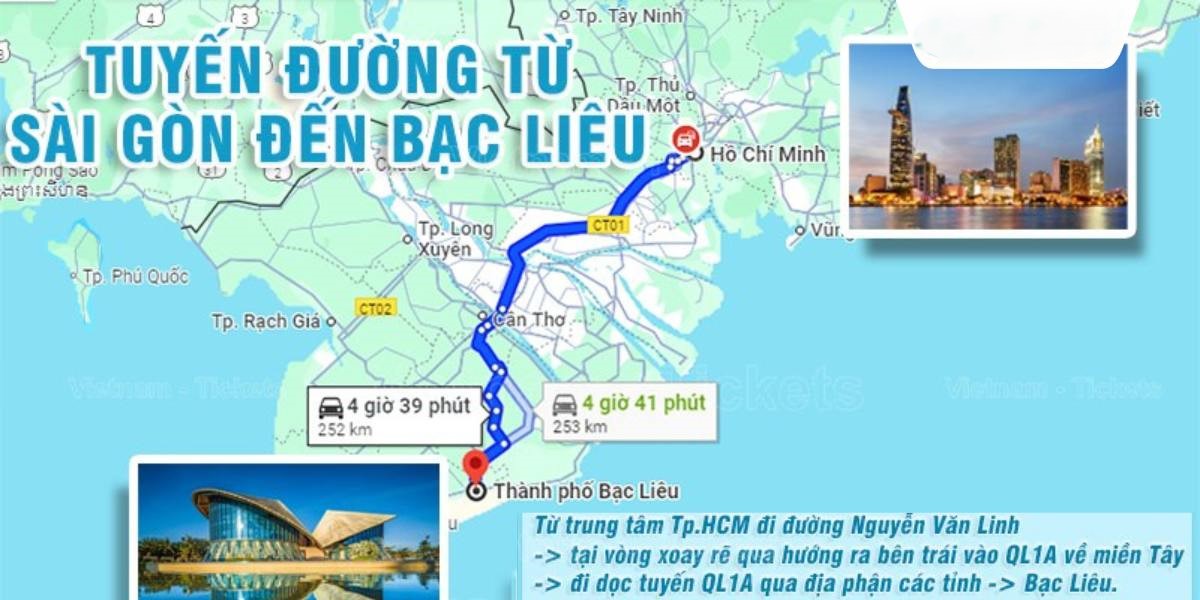 Bản đồ lộ trình thuê xe Sài Gòn đi Bạc Liêu qua cao tốc Trung Lương