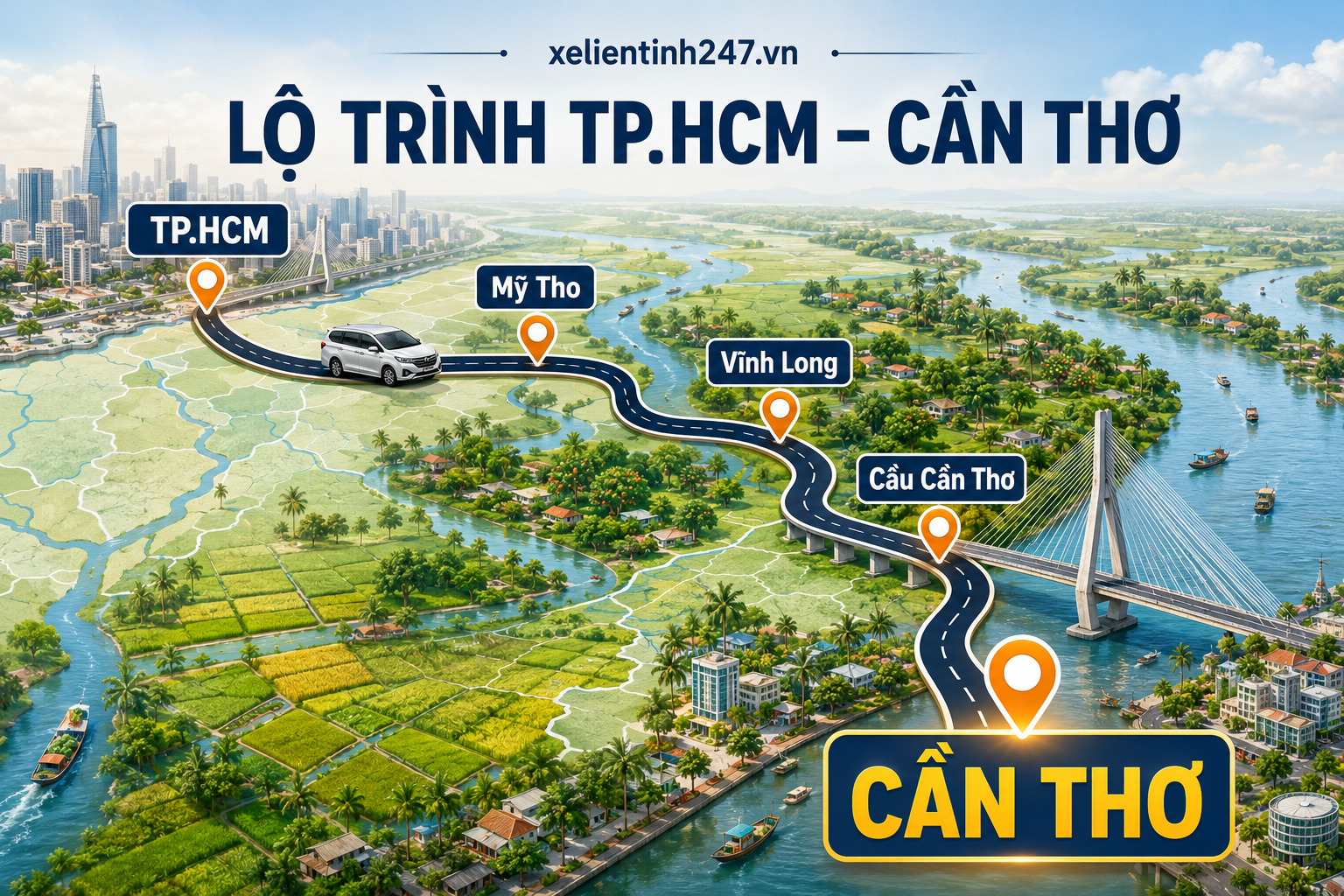 Lộ trình thuê xe 7 chỗ từ TP.HCM đi Cần Thơ qua Mỹ Tho, Vĩnh Long