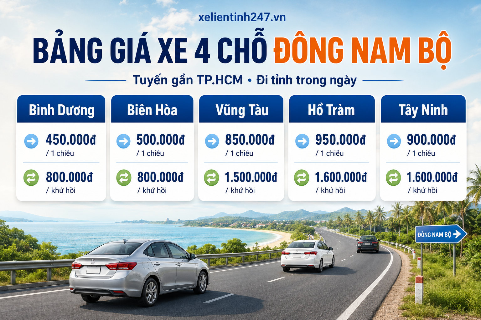 Bảng giá thuê xe 4 chỗ từ TP.HCM đi Bình Dương, Biên Hòa, Vũng Tàu, Hồ Tràm, Tây Ninh.