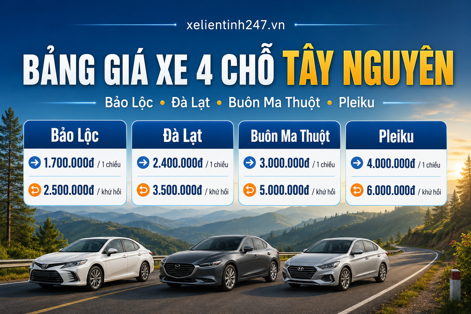 Bảng giá thuê xe 4 chỗ từ TP.HCM đi Bảo Lộc, Đà Lạt, Buôn Ma Thuột, Pleiku.