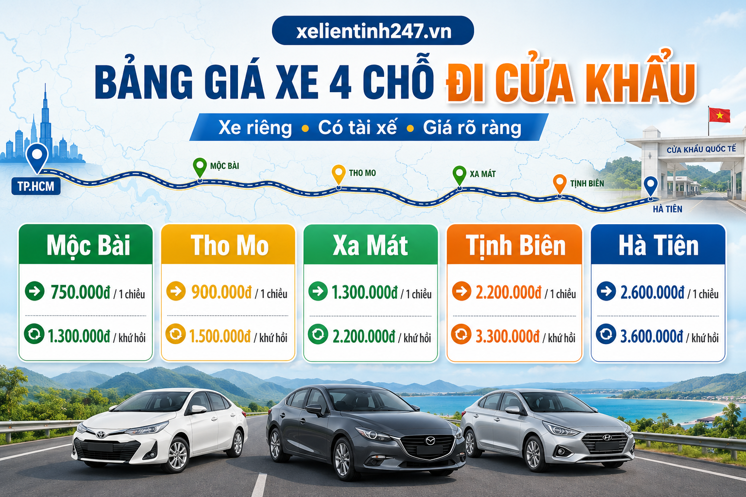 Bảng giá thuê xe 4 chỗ từ TP.HCM đi Mộc Bài, Tho Mo, Xa Mát, Tịnh Biên, Hà Tiên.