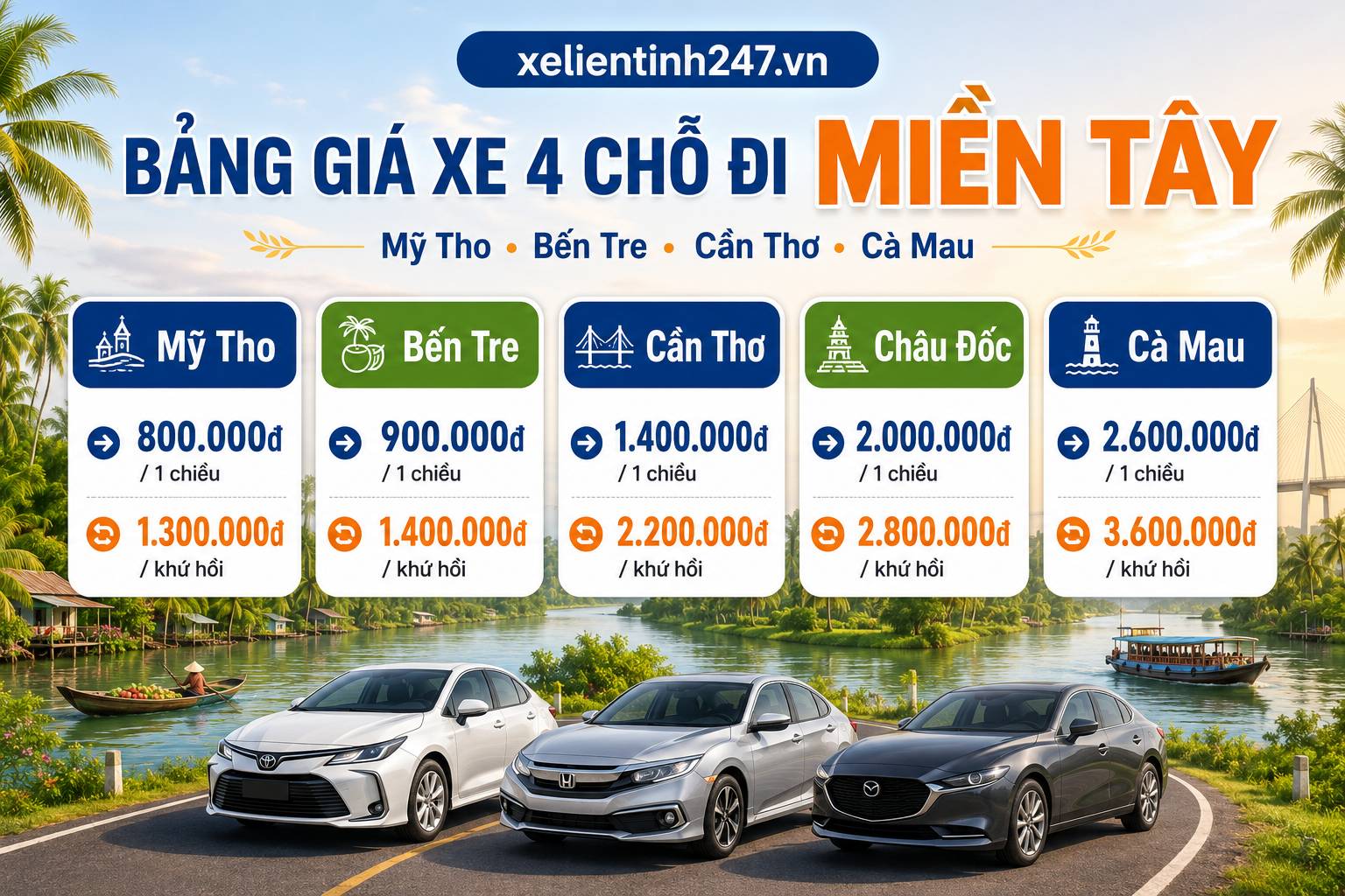 Bảng giá thuê xe 4 chỗ từ TP.HCM đi Mỹ Tho, Bến Tre, Cần Thơ, Châu Đốc, Cà Mau.