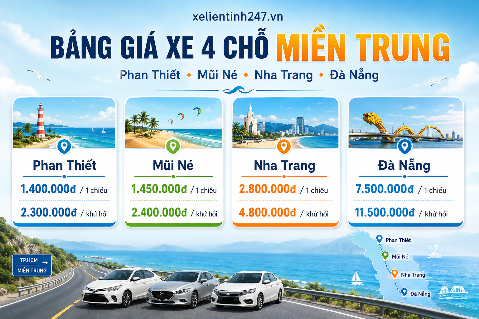 Bảng giá thuê xe 4 chỗ từ TP.HCM đi Phan Thiết, Mũi Né, Nha Trang, Đà Nẵng.