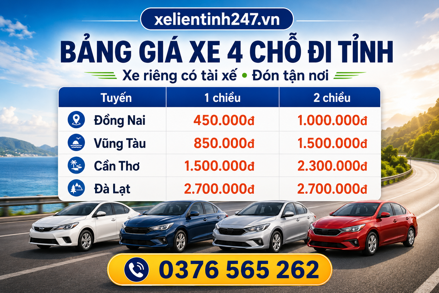 Giá thuê xe 4 chỗ đi tỉnh được trình bày rõ theo tuyến 1 chiều và 2 chiều.