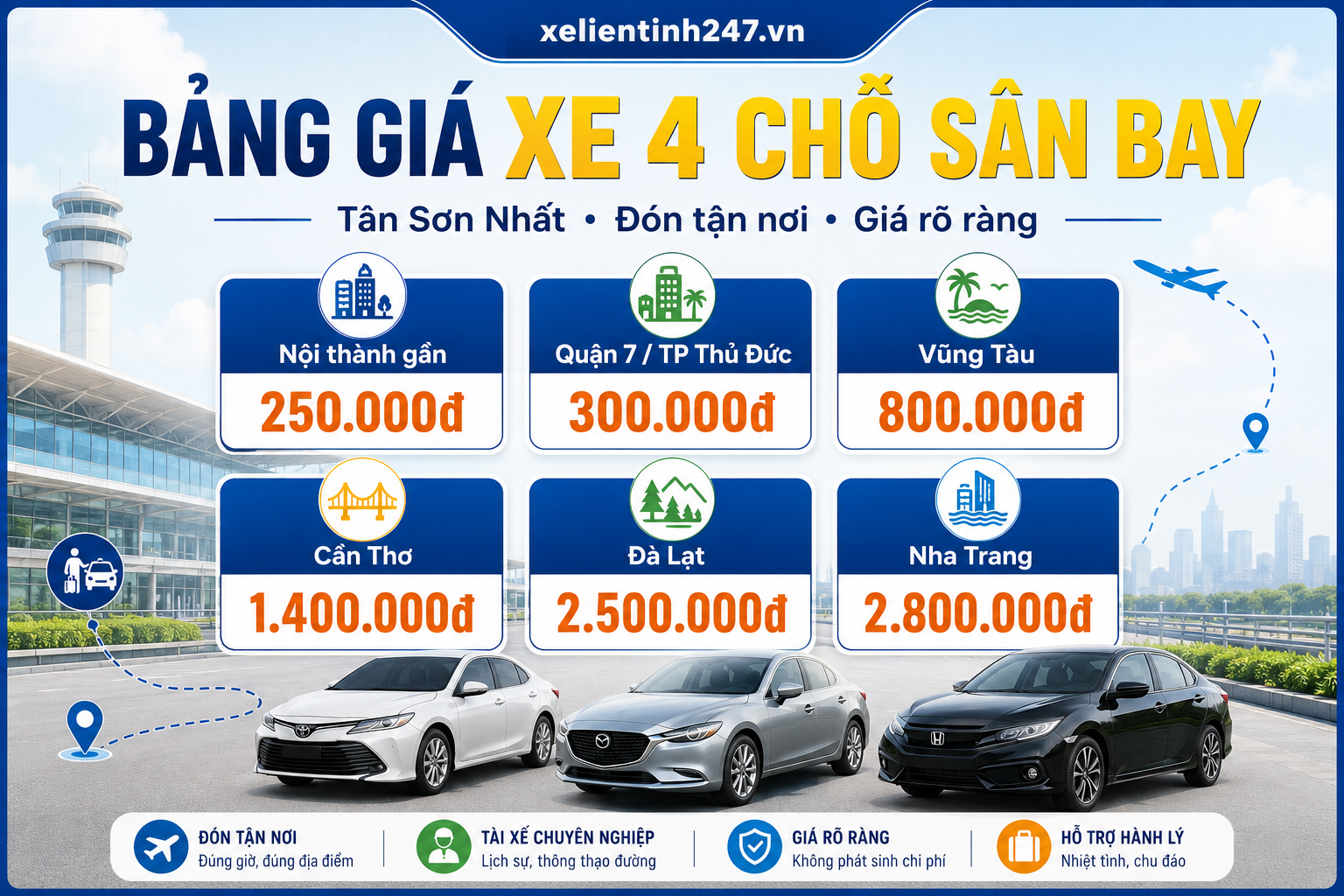 Bảng giá xe 4 chỗ đưa đón sân bay Tân Sơn Nhất đi nội thành và một số tuyến tỉnh phổ biến.