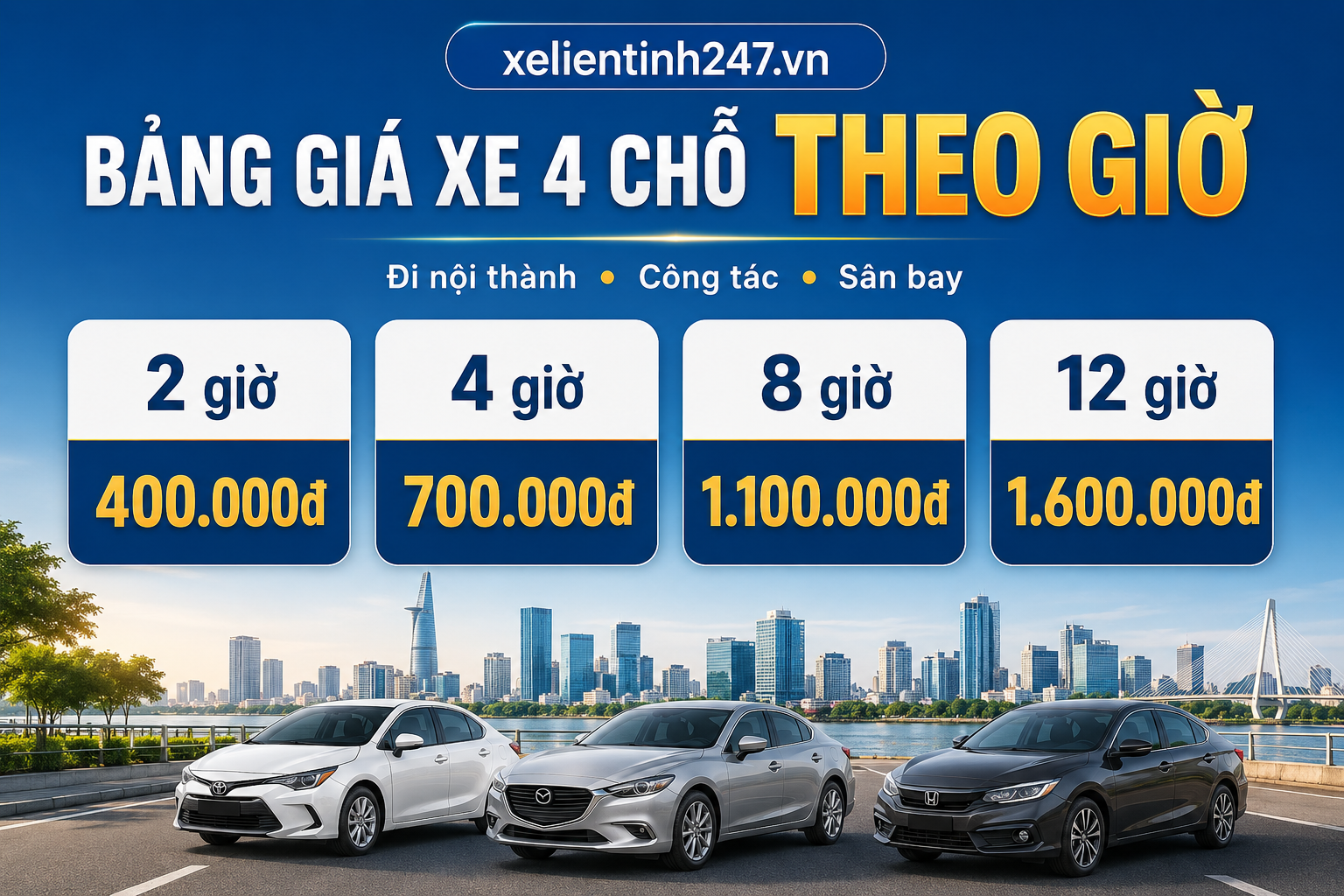 Bảng giá thuê xe 4 chỗ theo giờ tại TP.HCM, phù hợp đi nội thành, công tác và sân bay.