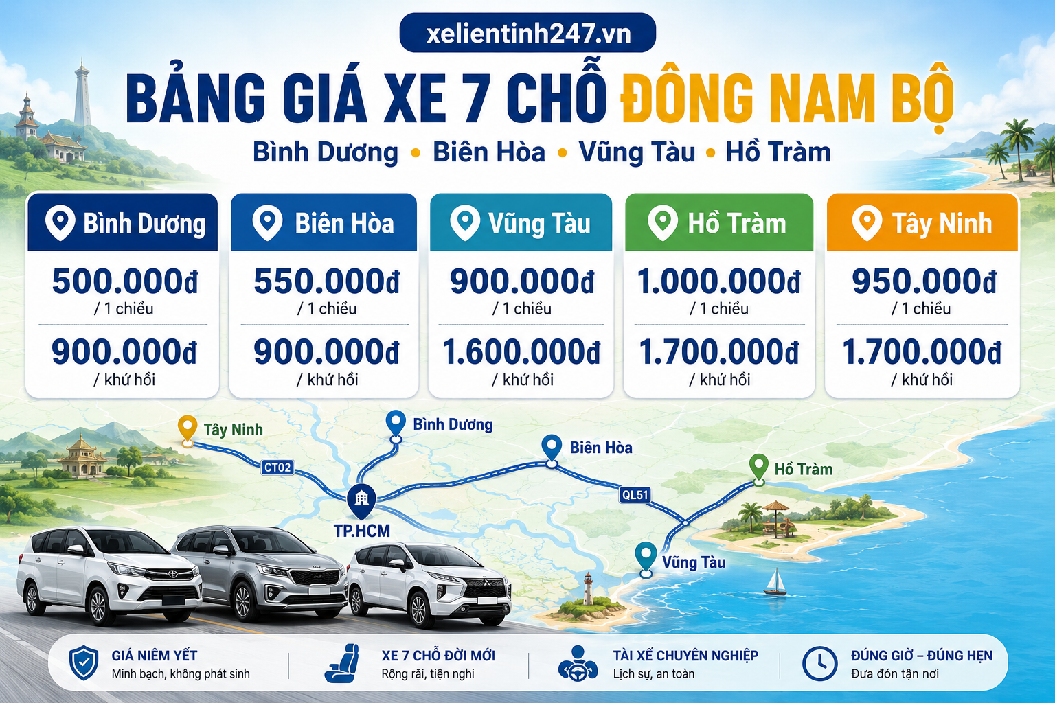 Bảng giá xe 7 chỗ từ TP.HCM đi Bình Dương, Biên Hòa, Vũng Tàu, Hồ Tràm, Tây Ninh.