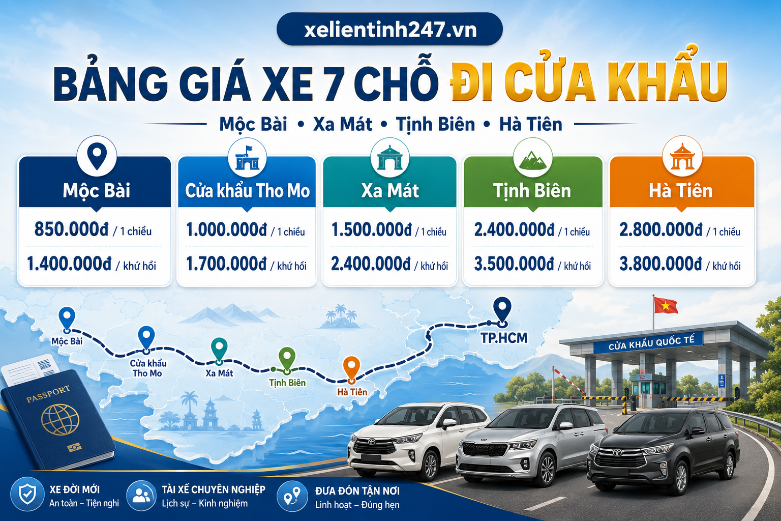 Bảng giá xe 7 chỗ từ TP.HCM đi Mộc Bài, Tho Mo, Xa Mát, Tịnh Biên, Hà Tiên.
