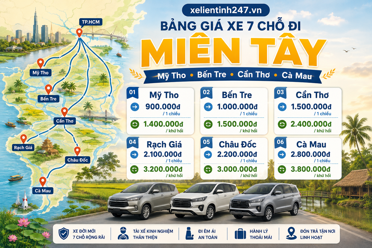 Bảng giá thuê xe 7 chỗ đi miền Tây từ TP.HCM