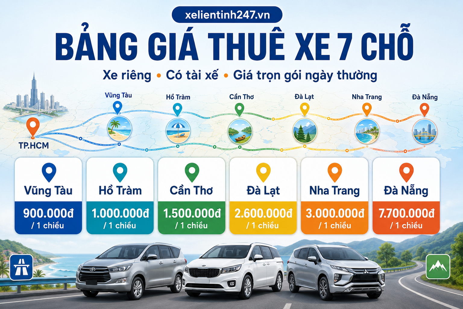 Bảng giá thuê xe 7 chỗ có tài xế cho các tuyến phổ biến từ TP.HCM.