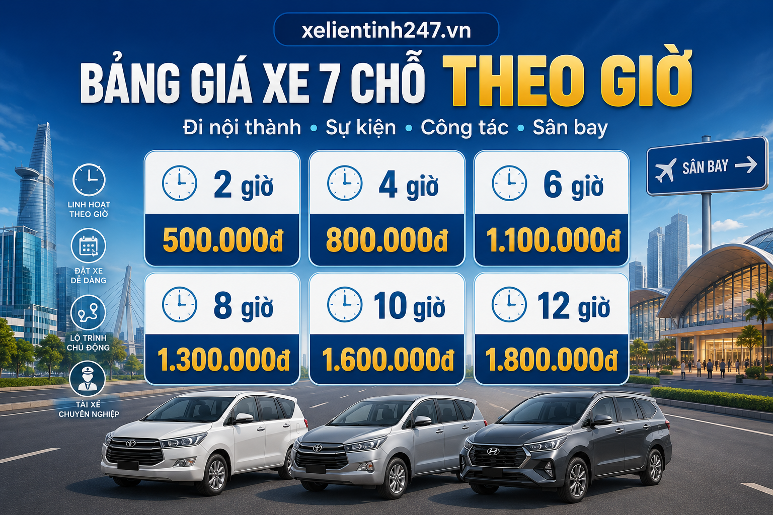 Bảng giá thuê xe 7 chỗ theo giờ tại TP.HCM, phù hợp đi nội thành, sân bay và sự kiện.