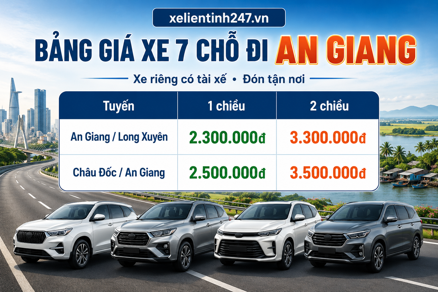 Bảng giá thuê xe 7 chỗ đi An Giang, Long Xuyên và Châu Đốc từ TP.HCM.