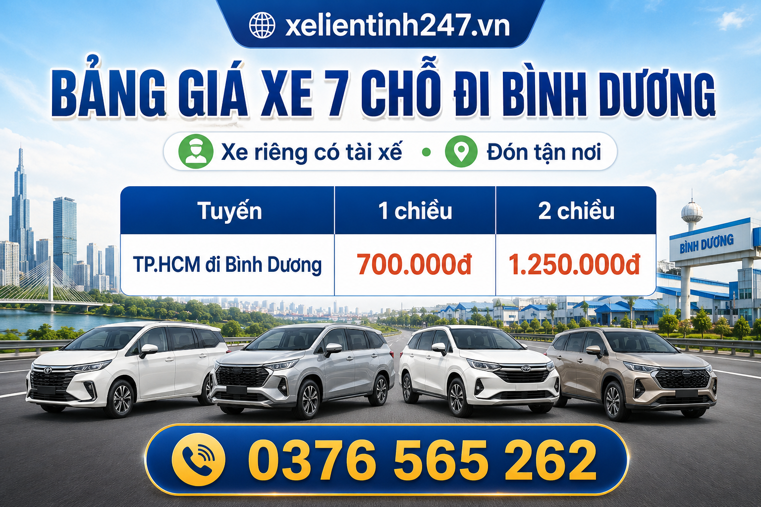 Bảng giá thuê xe 7 chỗ đi Bình Dương từ TP.HCM gồm giá 1 chiều và 2 chiều tham khảo.