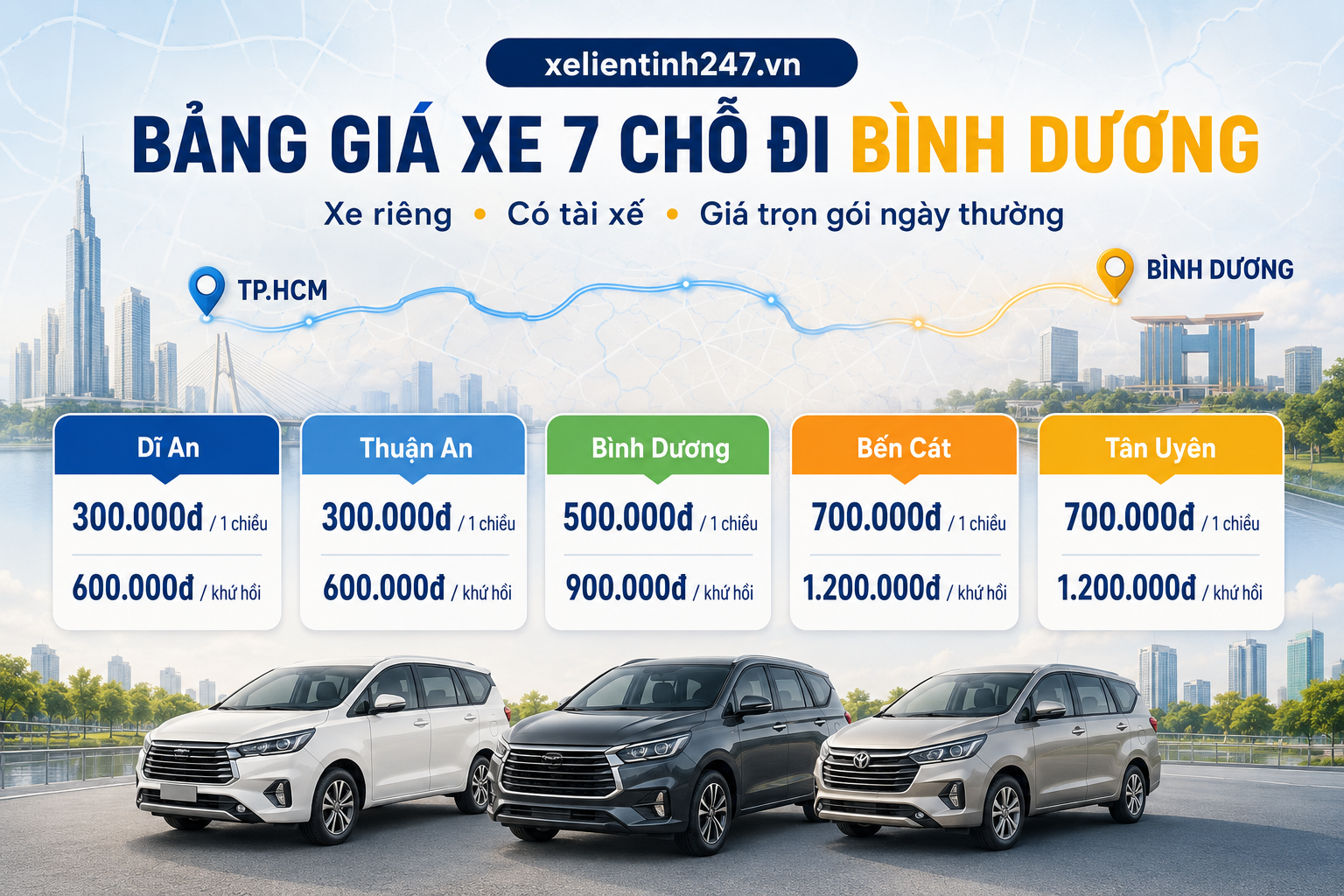 Bảng giá thuê xe 7 chỗ từ TP.HCM đi Bình Dương, Dĩ An, Thuận An, Bến Cát, Tân Uyên.
