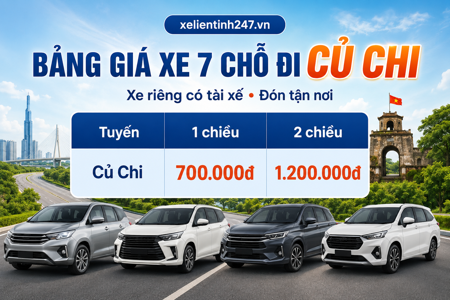 Bảng giá thuê xe 7 chỗ đi Củ Chi từ TP.HCM, áp dụng cho tuyến 1 chiều và 2 chiều.