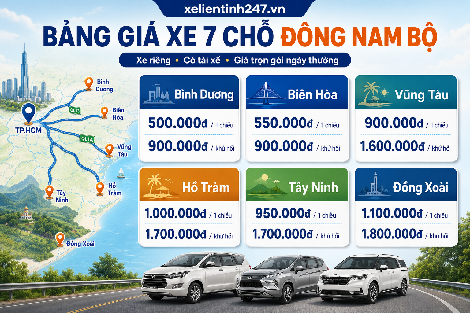 Bảng giá thuê xe 7 chỗ từ TP.HCM đi Bình Dương, Biên Hòa, Vũng Tàu, Hồ Tràm, Tây Ninh.