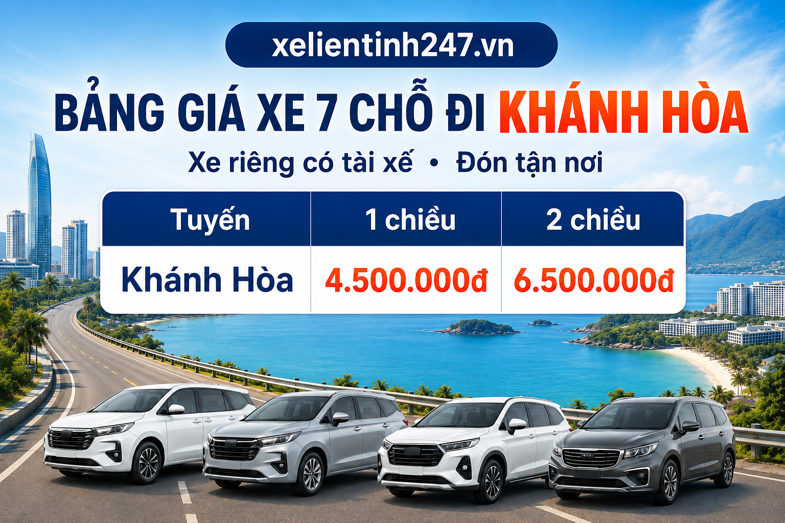 Bảng giá thuê xe 7 chỗ đi Khánh Hòa từ TP.HCM, áp dụng cho tuyến 1 chiều và 2 chiều.