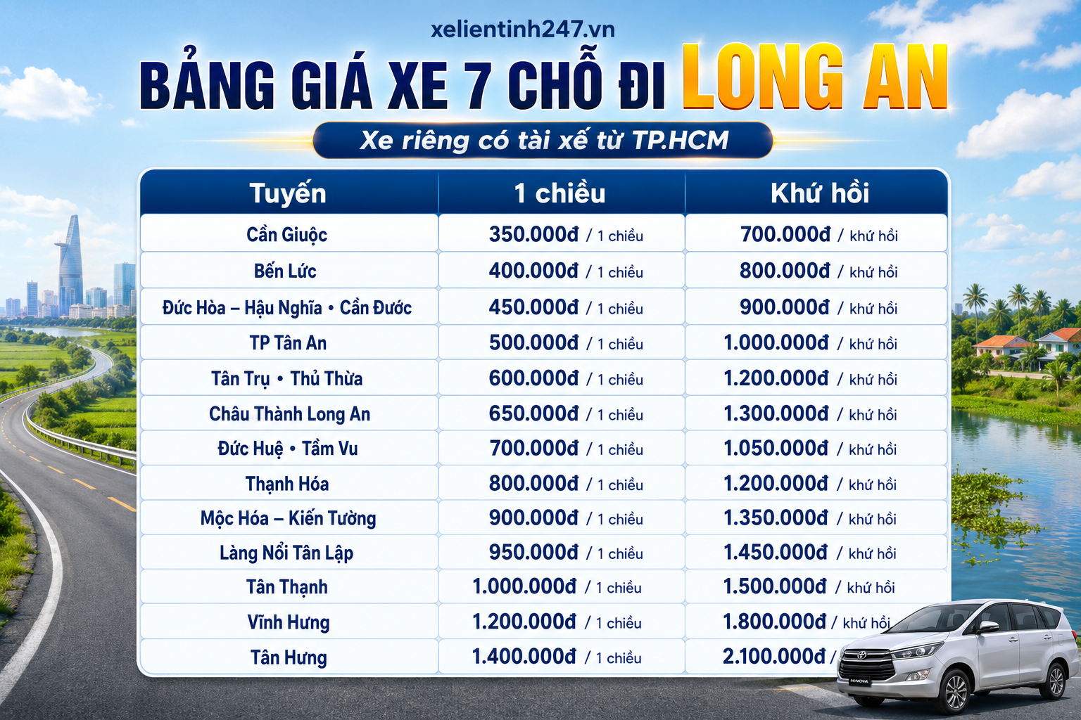 Bảng giá thuê xe 7 chỗ đi Long An từ TP.HCM