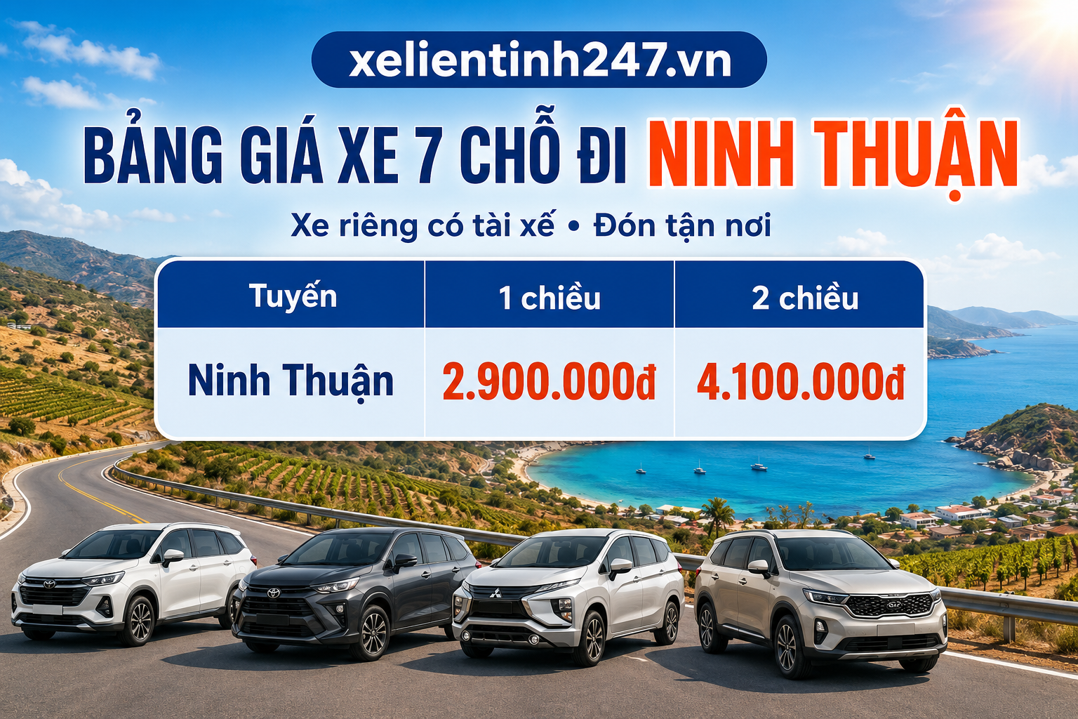 Bảng giá thuê xe 7 chỗ đi Ninh Thuận từ TP.HCM, áp dụng cho tuyến 1 chiều và 2 chiều.