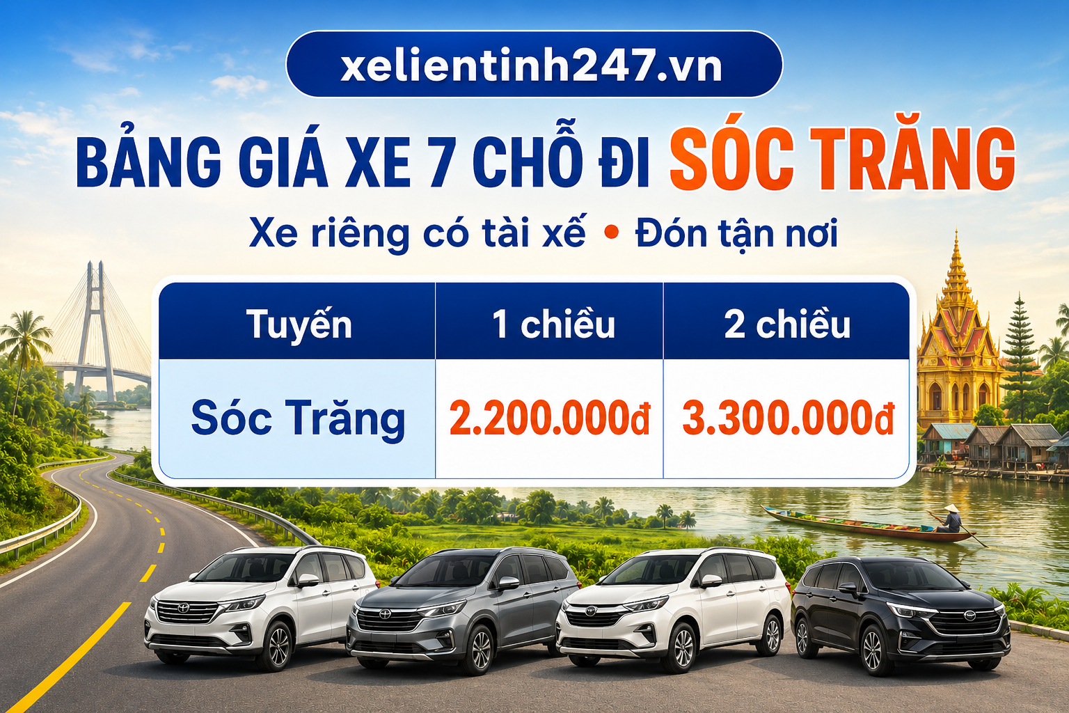 Bảng giá thuê xe 7 chỗ đi Sóc Trăng từ TP.HCM, áp dụng cho tuyến 1 chiều và 2 chiều.
