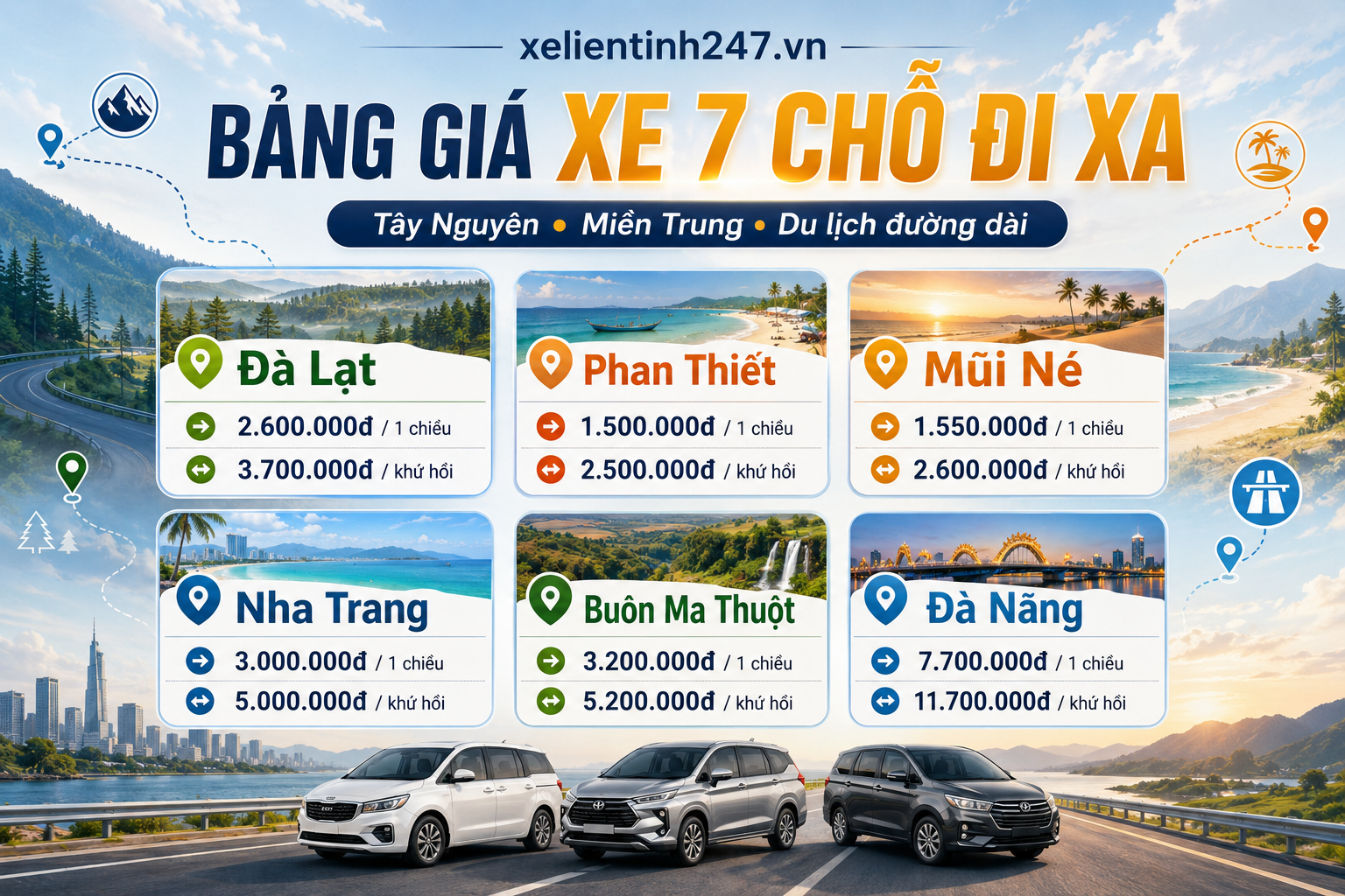 Bảng giá thuê xe 7 chỗ từ TP.HCM đi Đà Lạt, Phan Thiết, Mũi Né, Nha Trang, Đà Nẵng.