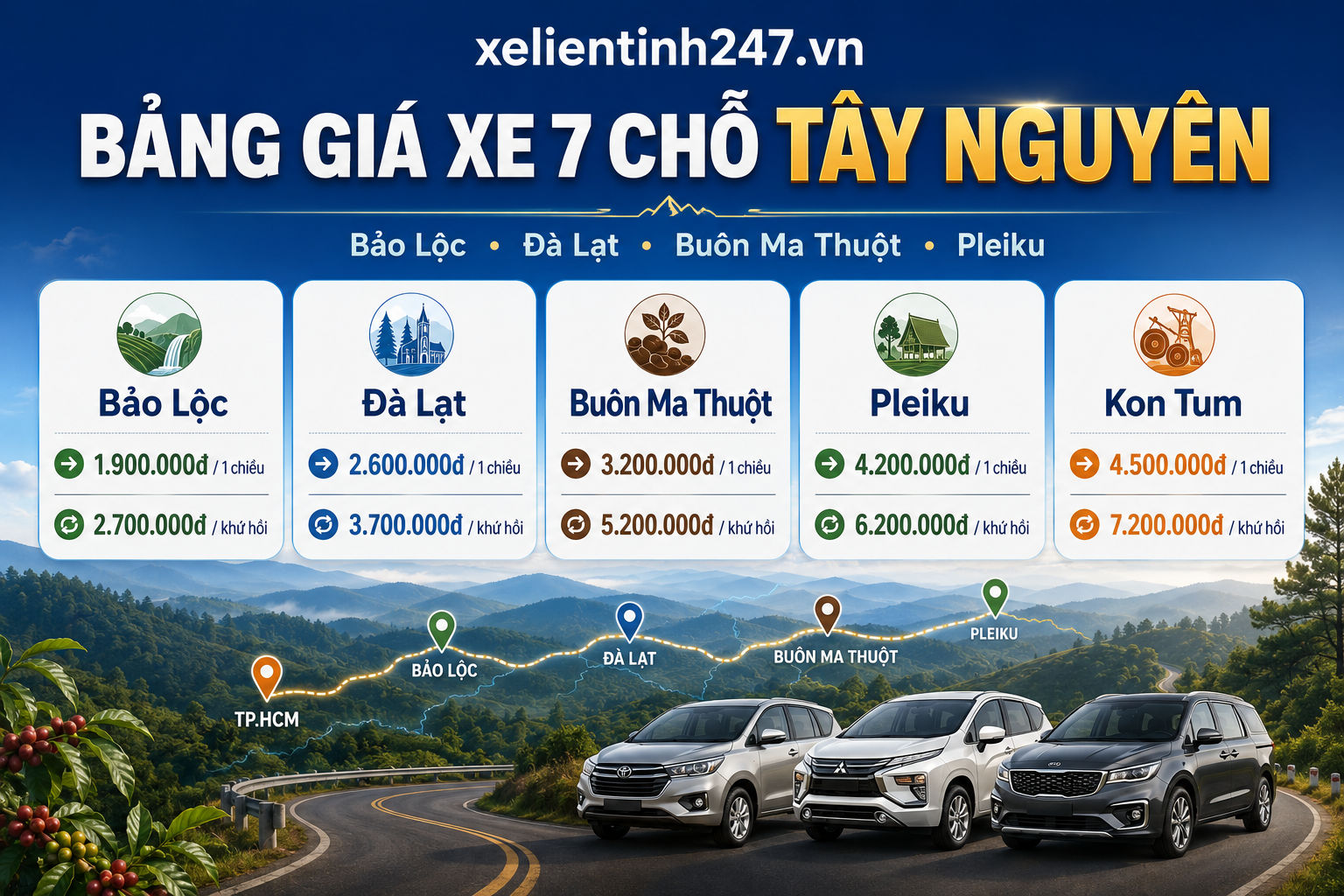 Bảng giá xe 7 chỗ từ TP.HCM đi Bảo Lộc, Đà Lạt, Buôn Ma Thuột, Pleiku, Kon Tum.