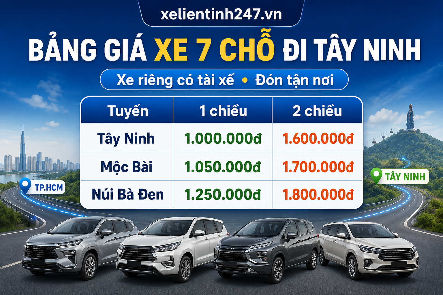 Bảng giá thuê xe 7 chỗ đi Tây Ninh, Mộc Bài và Núi Bà Đen từ TP.HCM.
