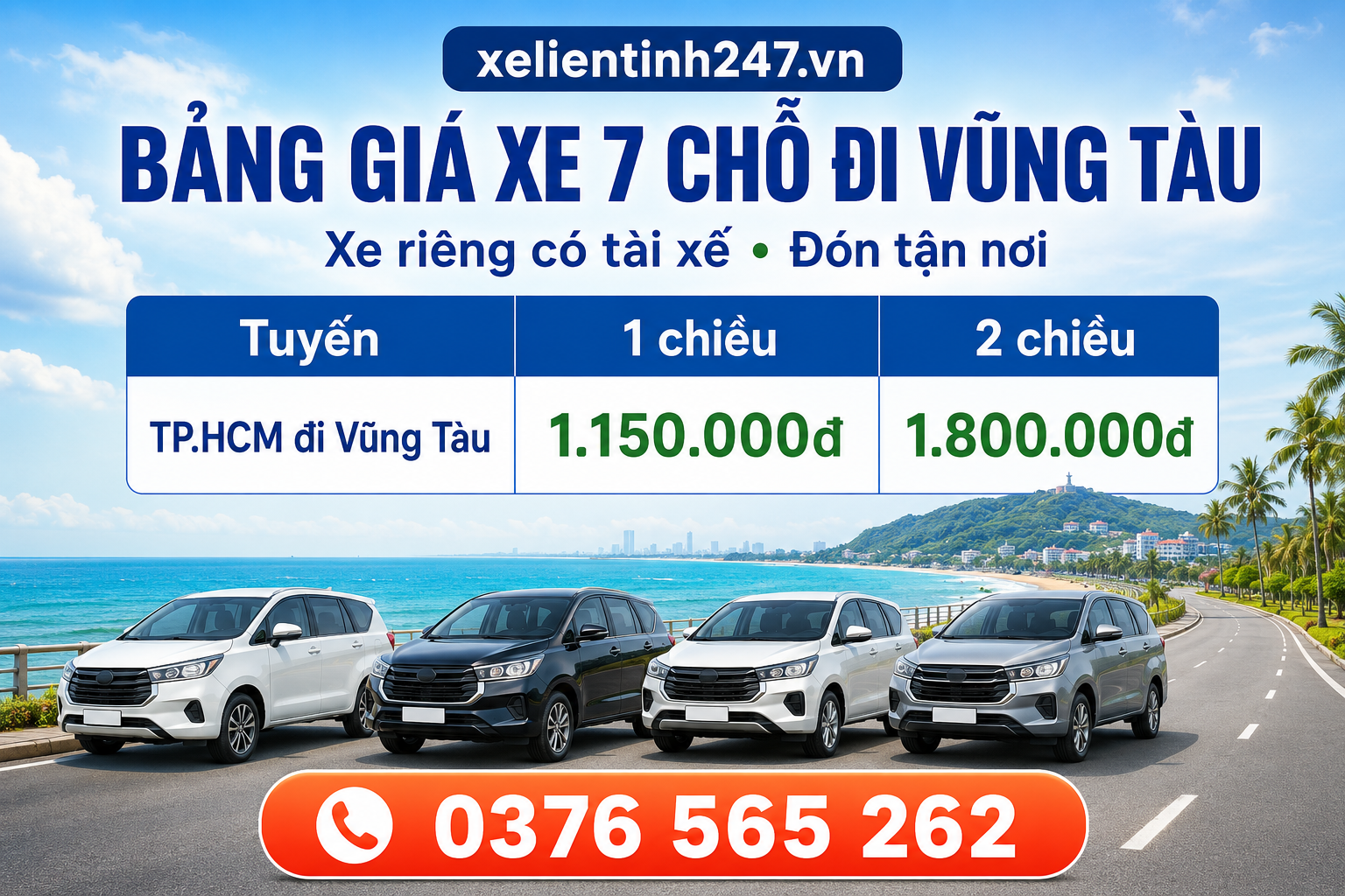 Bảng giá thuê xe 7 chỗ đi Vũng Tàu từ TP.HCM gồm giá 1 chiều và 2 chiều tham khảo.