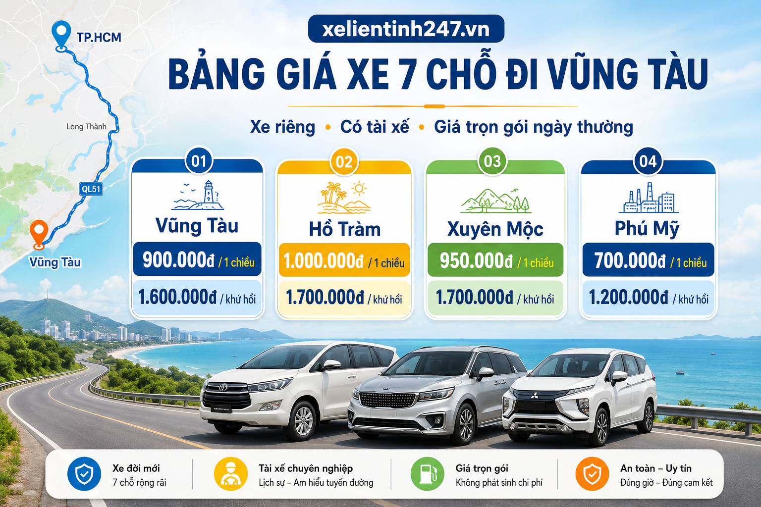 Bảng giá thuê xe 7 chỗ từ TP.HCM đi Vũng Tàu, Hồ Tràm, Xuyên Mộc và Phú Mỹ.