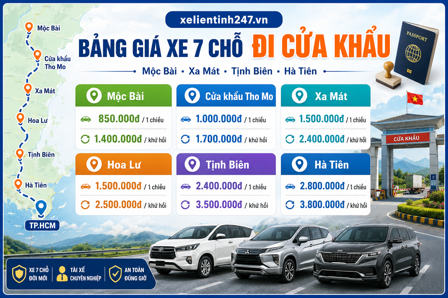 Bảng giá thuê xe 7 chỗ từ TP.HCM đi Mộc Bài, Tho Mo, Xa Mát, Tịnh Biên, Hà Tiên.