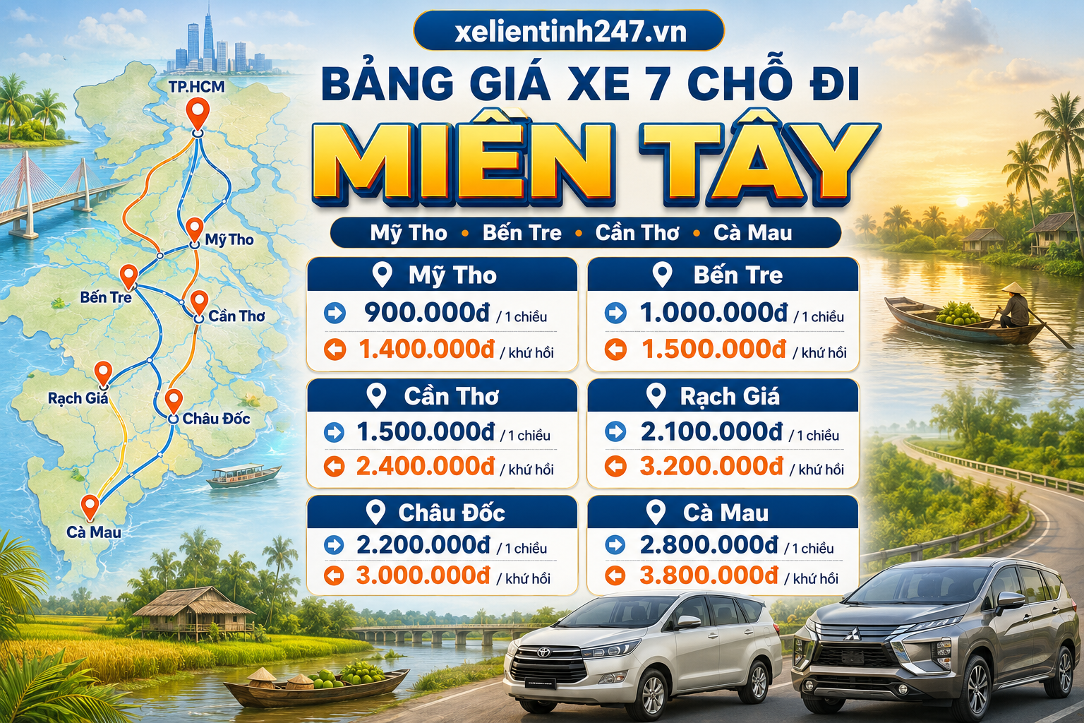 Bảng giá thuê xe 7 chỗ từ TP.HCM đi Mỹ Tho, Bến Tre, Cần Thơ, Rạch Giá, Châu Đốc, Cà Mau.